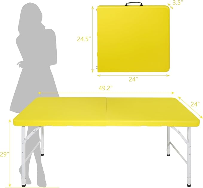 4 FT Folding Table with Carry Handle, Portable Fold-in-Half Plastic Table, Rectangle Foldable Table for Indoor/Outdoor Yellow