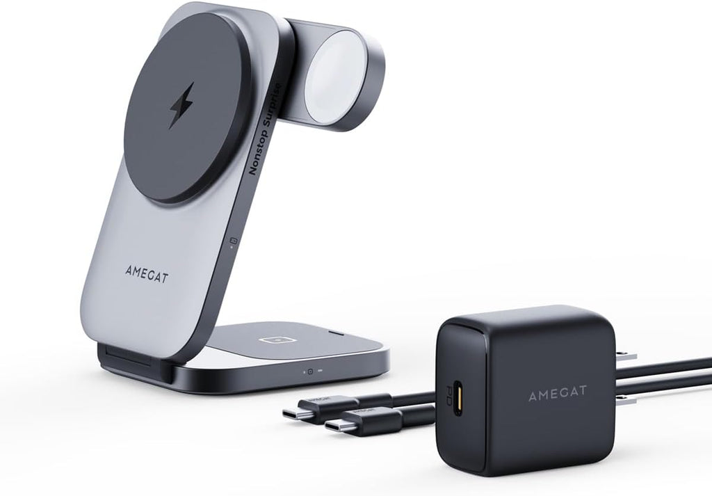 3 in 1 Charging Station, MagFusion Z Foldable Qi2 Certified 15W Wireless Charger Stand Compatible with MagSafe for iPhone 17/16/15/14/13/12, Apple Watch, AirPods (30W PD Charger Included)