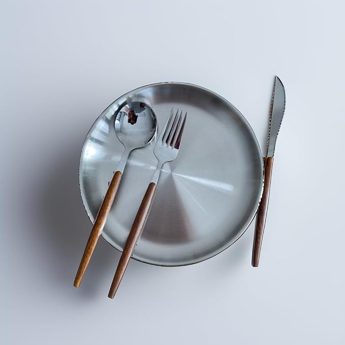 New Wood Grain Handle Tableware Mess Kit Cutlery for 2 Dinnerware Set - 12pcs Stainless Steel Utensils Set with Plate Spoon Fork Serrated Knife Cloth Napkins for 2,Backpacking, Outdoor Hiking Picnic