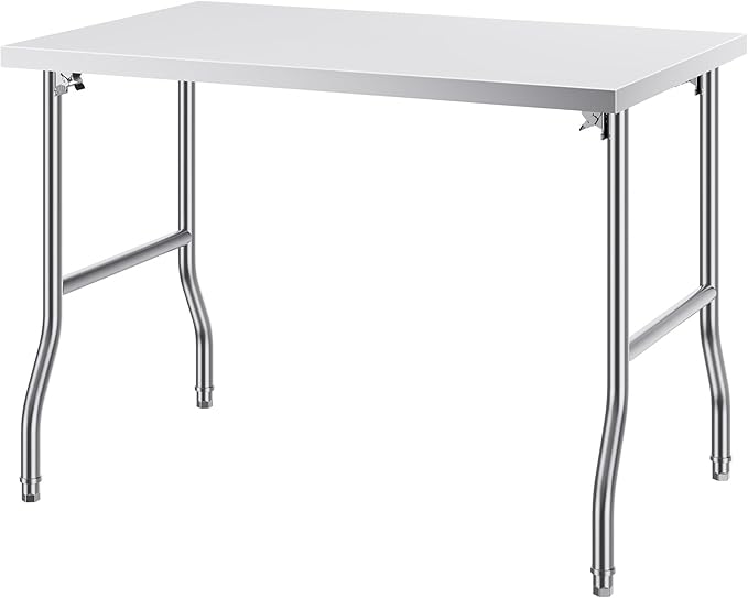 VEVOR 48 x 30 Inch Folding Commercial Prep Table Commercial Worktable Workstation, Heavy-Duty Stainless Steel Folding Table with 220 lbs Load, Silver Stainless Steel Kitchen Island，Kitchen Work Table