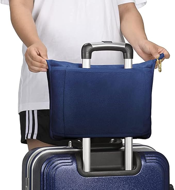 ShezPretty Premium 2in1 Soft Travel Blanket Pillow with Airline Hand Luggage Sleeve and Backpack Clip Airplane (Navy Blue)