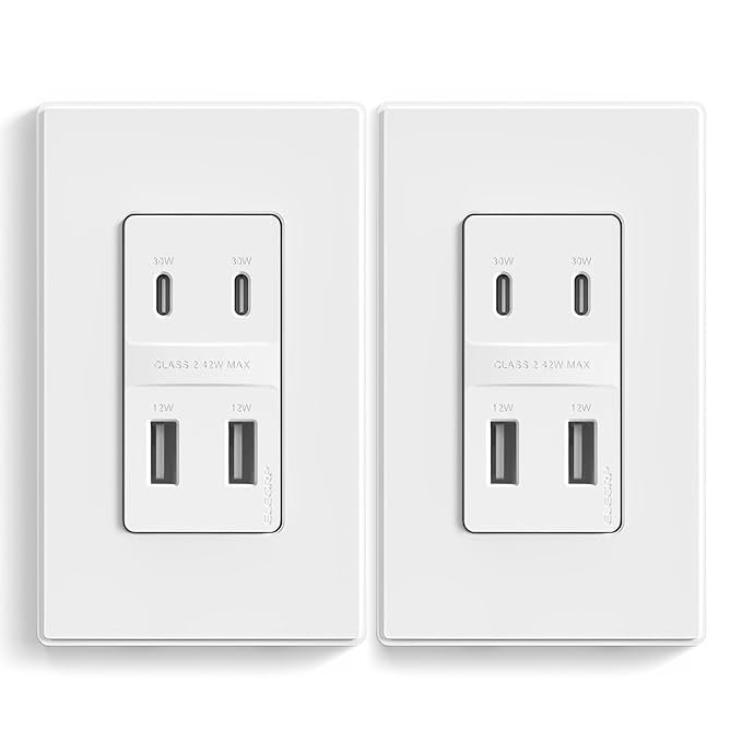 ELEGRP 42W Fast Charge & Power Delivery 4-Port USB Charger, Wall Outlet with 4 USB Ports, UL/CUL Listed, Wall Plate Included, 2 Pack, Matte White