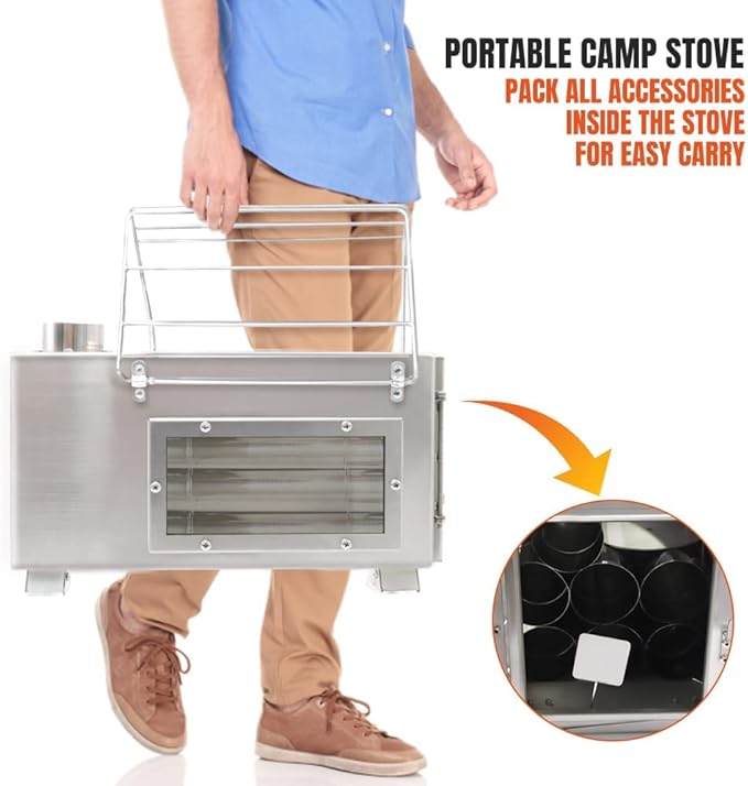Fitinhot Tent Stove, Portable Camping Wood Burning Stoves Stainless Steel with Chimney Pipes for Outdoor Cookout, Hiking, Travel, Backpacking Trips (Silver)
