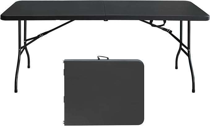 6 FT Folding Table with Carry Handle, Portable Fold-in-Half Plastic Table, Rectangle Foldable Table for Indoor/Outdoor Black