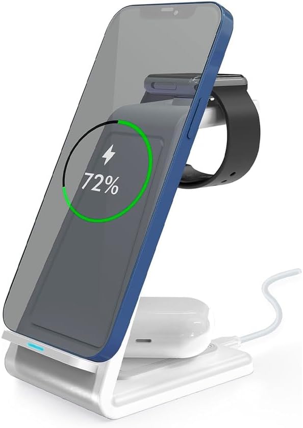 3-in-1 Magnetic Wireless Charger – Fast Charging Dock for iPhone, Apple Watch & AirPods – Foldable Stand with USB-C Cable (White)