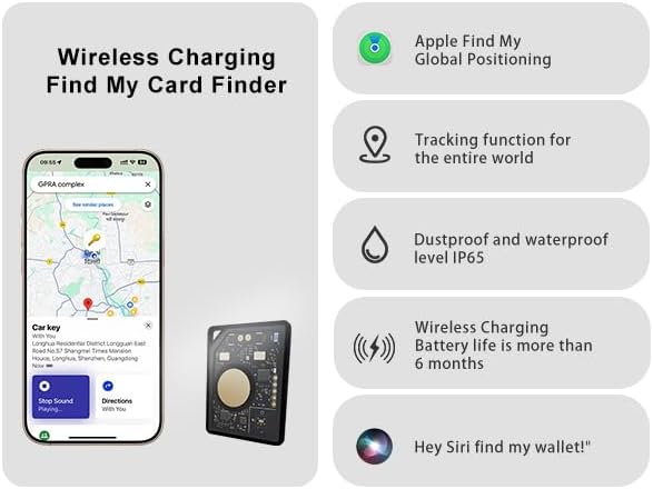 Slim Air Tag Wallet Tracker Card, [Apple MFi Certified], Bluetooth Tracker for Wallets, Passport, Keys, Work with Apple Find My, Wireless Charging, 5-10 Years Staying Power, iOS Only