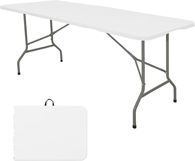 Folding Table 8 FT Camping Table Portable Heavy Duty Plastic Rectangular Outdoor Dining Table Steel Legs Fold-in-Half with Carrying Handle for Indoor,Picnic,Party,Wedding,Events(White)