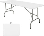Folding Table 8 FT Camping Table Portable Heavy Duty Plastic Rectangular Outdoor Dining Table Steel Legs Fold-in-Half with Carrying Handle for Indoor,Picnic,Party,Wedding,Events(White)