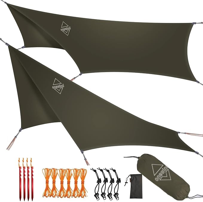 Onewind 12×10 ft Hexagon Hammock Rain Fly, Waterproof Lightweight and Durable Silnlyon Camping Hammock Tarp for Backpacking and Hiking, Complete Accessories, OD Green