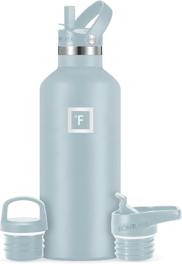 IRON °FLASK Camping & Hiking Hydration Canteens - 3 Lids (Narrow Straw Lid) Leak Proof Vacuum Insulated Stainless Steel - Hot & Cold Double Walled Sports Water Bottle - Morning Mist, 32 Oz
