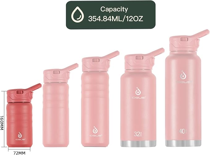 IDEUS Insulated Water Bottle 12oz, Stainless Steel Insulated Water Bottle For School, Insulated Bottles With Straws Leakproof, Vacuum Double Wall Water Bottles For Boys And Girls With 2 Lids, BPA Free