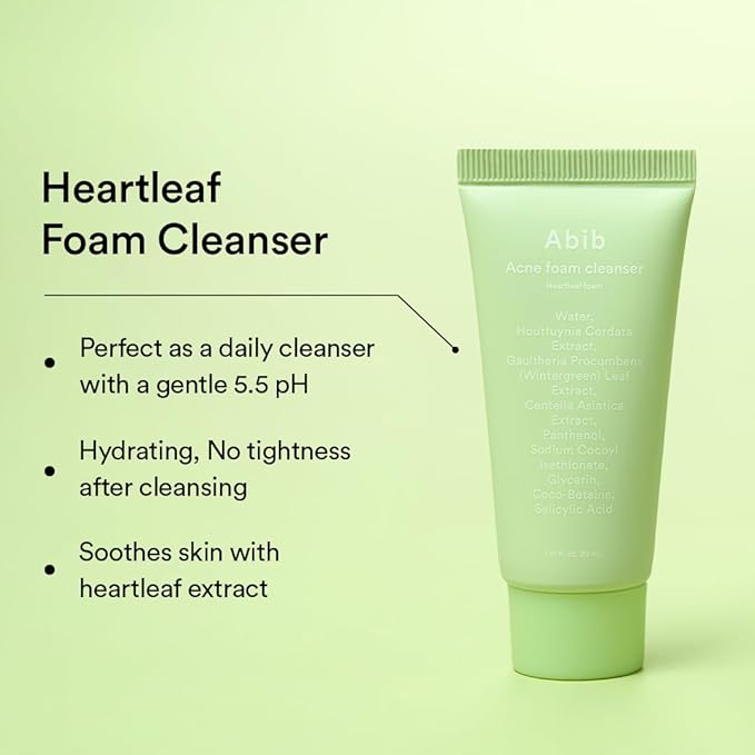 Abib Heartleaf Calming Trial Kit (Heartleaf foam 1.01 fl oz, Calming toner 1.01 fl oz, TECA capsule serum 0.50 , cream 0.67 fl oz)