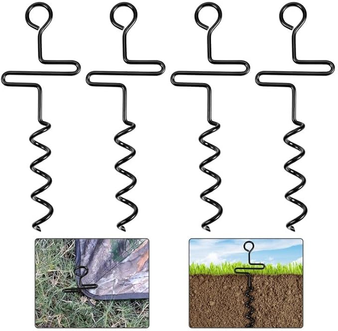 RunNico 4 Pcs Blinds and Tarps Auger Stakes-13 Inch Steel Hunting Blind Stakes-Heavy Duty Forged Steel Tent Stakes for Ground Blinds Tent Camping and Tarps, Black, RN-Hunting-Tent-Stakes-4pcs