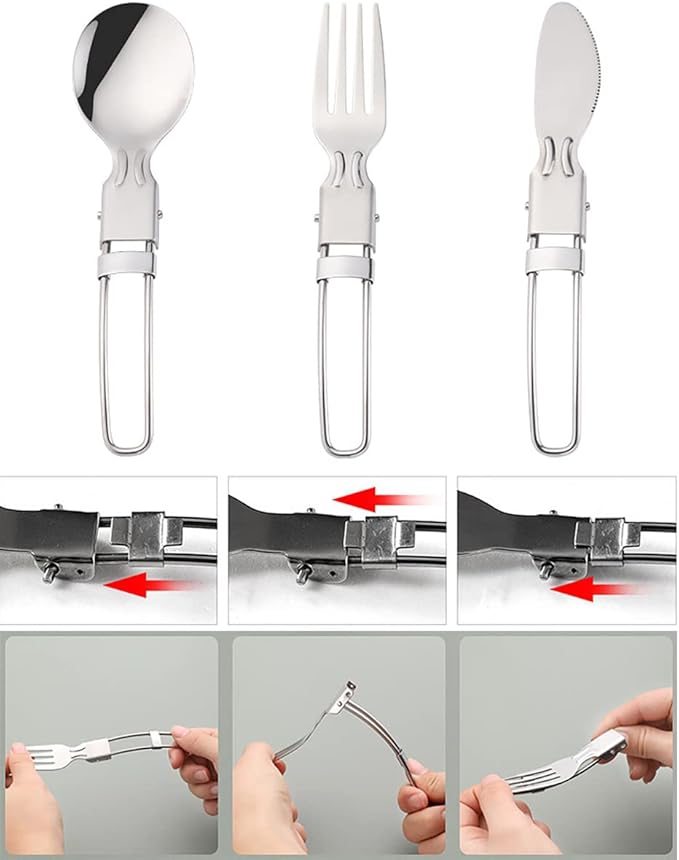 Camp Flatware Sets - Stainless Steel Spoon Fork Knife & Nylon Storage Bag - Foldable + Locking Handle - Ultralight Utensils for Backpacking/Hiking/Camping - 3oz