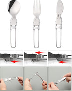 Camp Flatware Sets - Stainless Steel Spoon Fork Knife & Nylon Storage Bag - Foldable + Locking Handle - Ultralight Utensils for Backpacking/Hiking/Camping - 3oz