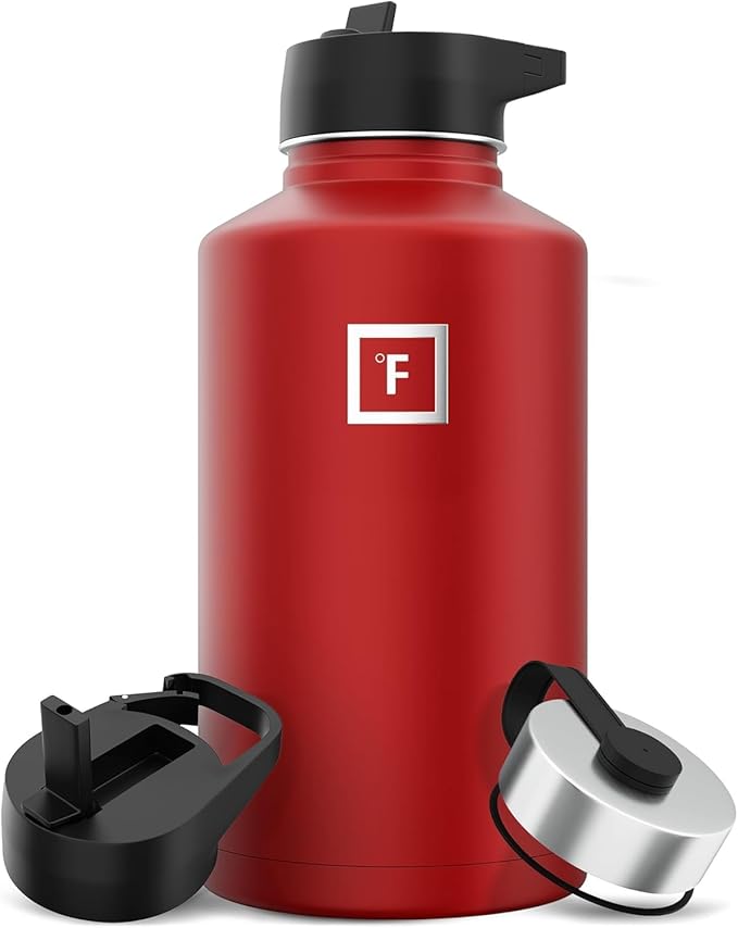 IRON °FLASK Camping & Hiking Hydration Flask with 3 Lids - Stainless Steel, Double Walled & Vacuum Insulated Water Bottle - Leak Proof & BPA Free (Fire Red, Straw - 64 oz)
