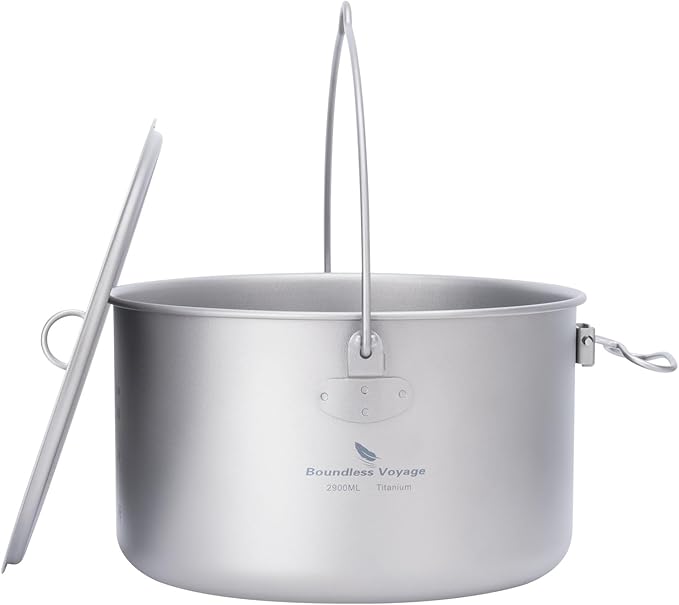 iBasingo Titanium Camping Pot with Lid 2.9L Ultralight Backpacking Cookware with Foldable Handle for Hiking, Picnic & Outdoor Durable Portable Metal Cooking Ti Hanging Pot Ti2045C