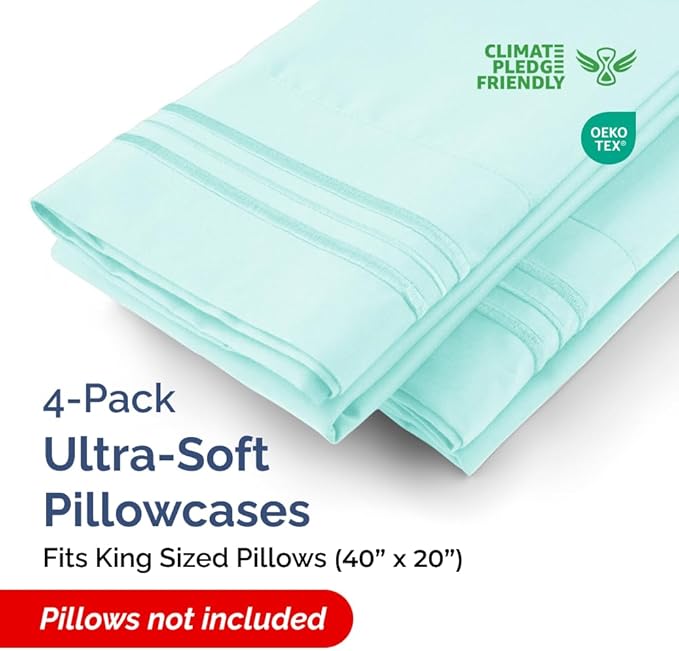 Pillowcases - Ultra Soft Hotel Quality Pillowcase Covers - Comfy, Cozy & Wrinkle Free - Shrinkage and Fade Resistant - Machine Washable Pillow Protectors - (King, Spa Blue, 4 Piece Set)