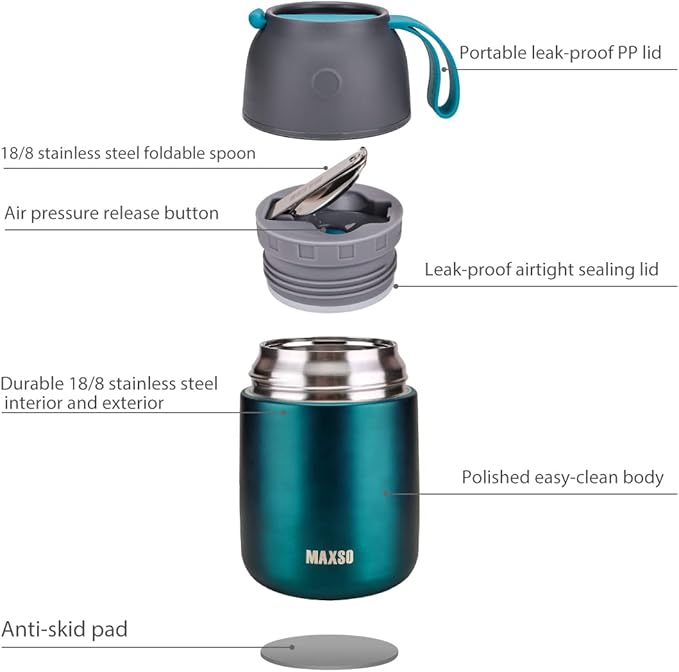 MAXSO Soup Thermo for Hot & Cold Food for Adults Kids, 17 oz Vacuum Insulated Steel Lunch Container Bento Box with Spoon, Leakproof Thermal Food Jar for School Office Travel - Green