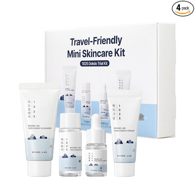 ROUND LAB 1025 Dokdo Hydrating Mini Size Kit (Cleanser, Toner, Ampule, Cream), Deep Hydration for Dry Skin, Daily Skin Care Routine Trial Kit for Moisture Care, Travel Size Gift Set, Korean Skin Care