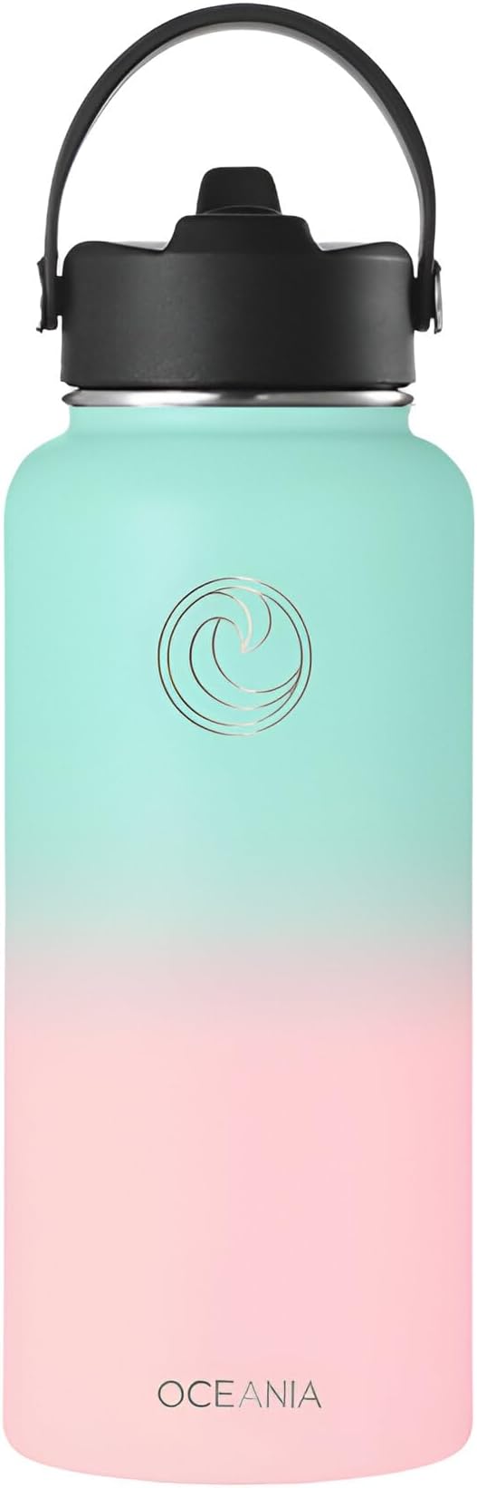 Oceania Flask 32oz Stainless Steel Water Bottle | Modern, Leakproof, Hydro BPA-Free, Insulated Water Bottle with 3 Lids, 3 Straws & 2 Straw Cleaning Brushes | Simple Camping & Hiking Water Bottles