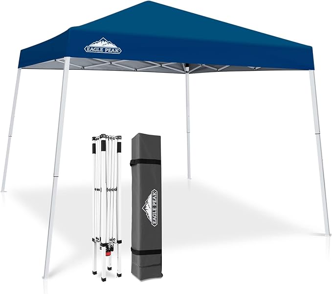 EAGLE PEAK 10x10 Slant Leg Pop-up Canopy Tent Easy One Person Setup Instant Outdoor Beach Canopy Folding Portable Sports Shelter 10x10 Base 8x8 Top (Dark Blue)