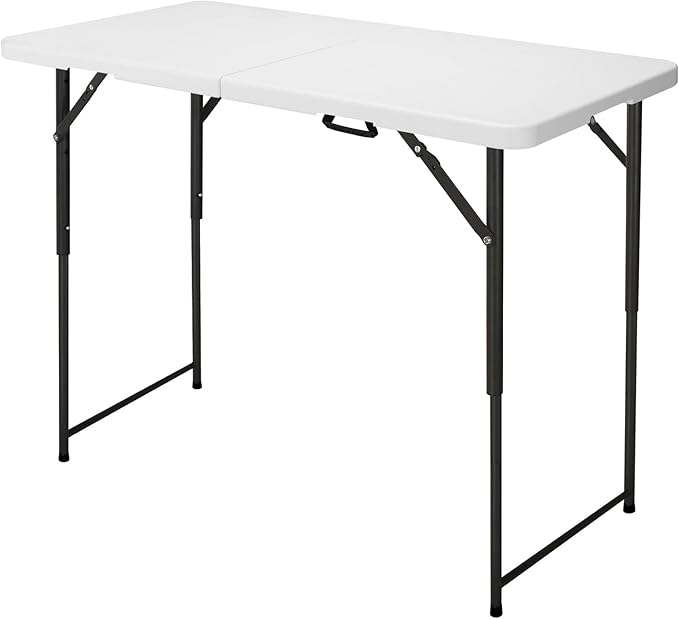 4ft Folding Table, Portable Fold-in-Half Adjustable Height Utility Table for Indoor/Outdoor Use, Durable HDPE & Steel, Stable & Lightweight, Multi-Purpose, White