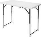 4ft Folding Table, Portable Fold-in-Half Adjustable Height Utility Table for Indoor/Outdoor Use, Durable HDPE & Steel, Stable & Lightweight, Multi-Purpose, White