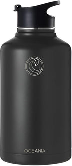 Oceania Flask 64oz Stainless Steel Water Bottles | Modern, Leakproof, Vacuum Insulated with 3 Lids, 3 Straws & 2 Straw Cleaning Brushes | Simple Lightweight Camping & Hiking Hydration Canteens