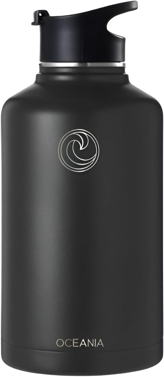 Oceania Flask 64oz Stainless Steel Water Bottles | Modern, Leakproof, Vacuum Insulated with 3 Lids, 3 Straws & 2 Straw Cleaning Brushes | Simple Lightweight Camping & Hiking Hydration Canteens