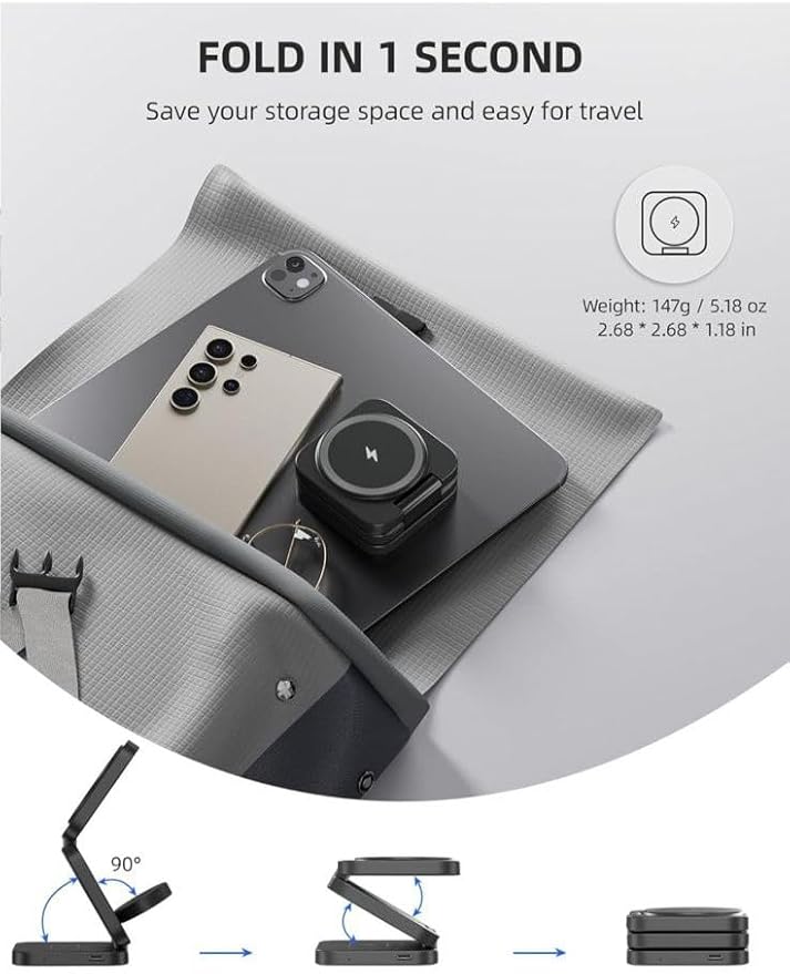 LUNOX 3-in-1 Wireless Charger for iPhone - Apple Watch & AirPods - Foldable Magnetic Fast Charging Dock - Black - White