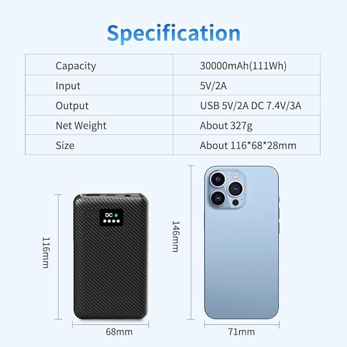 30000mAh Heated Vest Battery Pack 7.4V Heating Vest Battery Bank Power Bank with LED Display DC/USB//Type-C Portable Chargers for Heated Jacket Coat Warming Clothing(Black Grey)