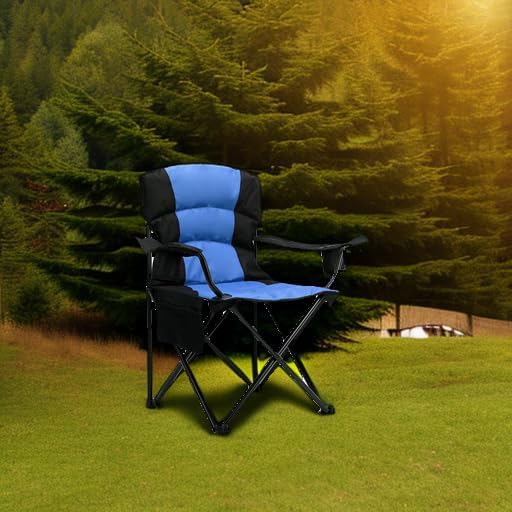 Oversized Camping Chair Folding Heavy Duty Quad Outdoor Large Lawn Chairs Portable Support 400 lbs Padded Thicken Oxford with Armrests, Storage Bag, Cup Holder, Carry Bag for Outside(Blue)