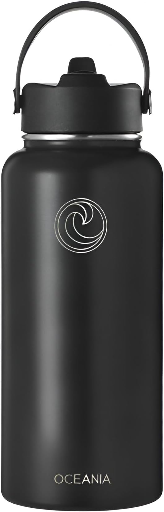 Oceania Flask 32oz Stainless Steel Water Bottles | Modern, Leakproof, Vacuum Insulated with 3 Lids, 3 Straws & 2 Straw Cleaning Brushes | Simple Lightweight Camping & Hiking Hydration Canteens