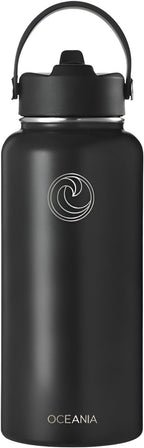Oceania Flask 32oz Stainless Steel Water Bottles | Modern, Leakproof, Vacuum Insulated with 3 Lids, 3 Straws & 2 Straw Cleaning Brushes | Simple Lightweight Camping & Hiking Hydration Canteens
