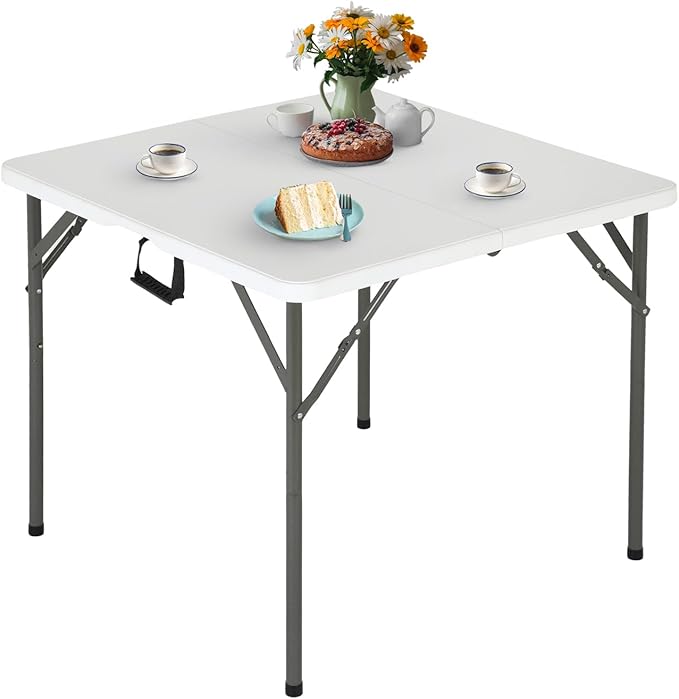 FDW 34" Folding Card Table Plastic Table Portable Square Height Dining Table Perfect for Party and Parties Backyard Events, White