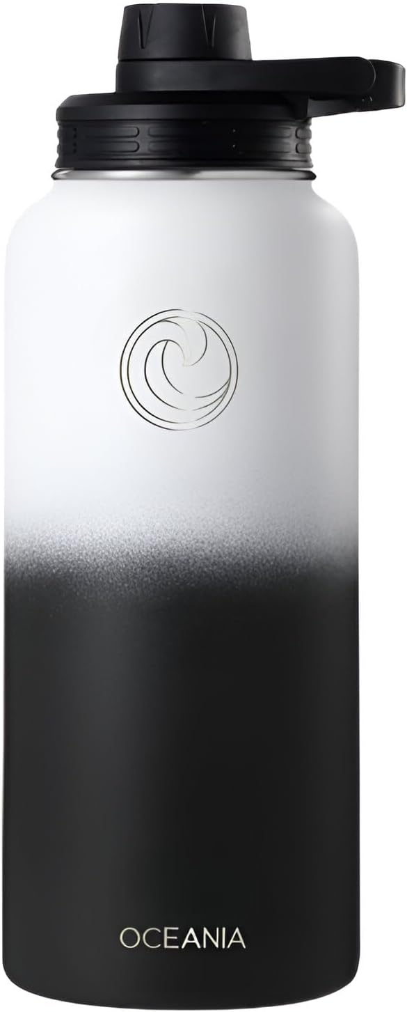Oceania Flask 32oz Stainless Steel Water Bottles | Modern, Leakproof, Vacuum Insulated with 3 Lids, 3 Straws & 2 Straw Cleaning Brushes | Simple Lightweight Camping & Hiking Hydration Canteens