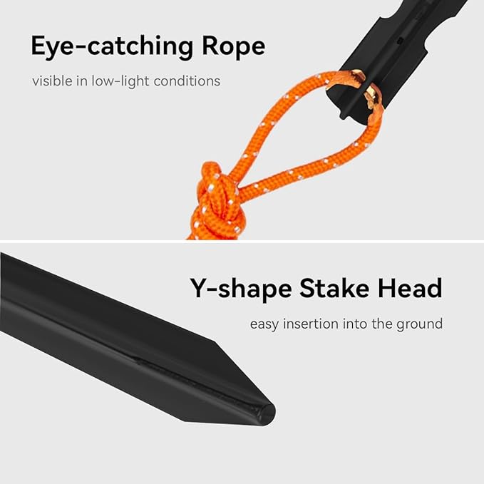 12 Pack Tent Stakes, 7-inch Ultralight Aluminum Ground Pegs with Reflective Pull Ropes, Tri-Beam Stake in a Carrying Bag, for Camping, Backpacking, Hiking, Hammocks and Canopy (Black)