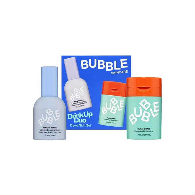 Bubble Skincare Drink Up Duo Dewy Skin Care Set - Travel Size Gift Set Includes Water Slide Hyaluronic Acid Serum & Slam Dunk Face Moisturizer - Promotes Healthy, Hydrated Skin (2 Count)