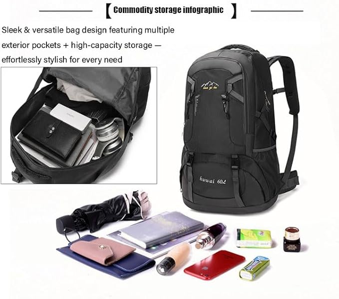 60L Hiking Backpack,Camping Backpack Lightweight Travel Daypack Waterproof Backpacking Bag for Men Women (Black)