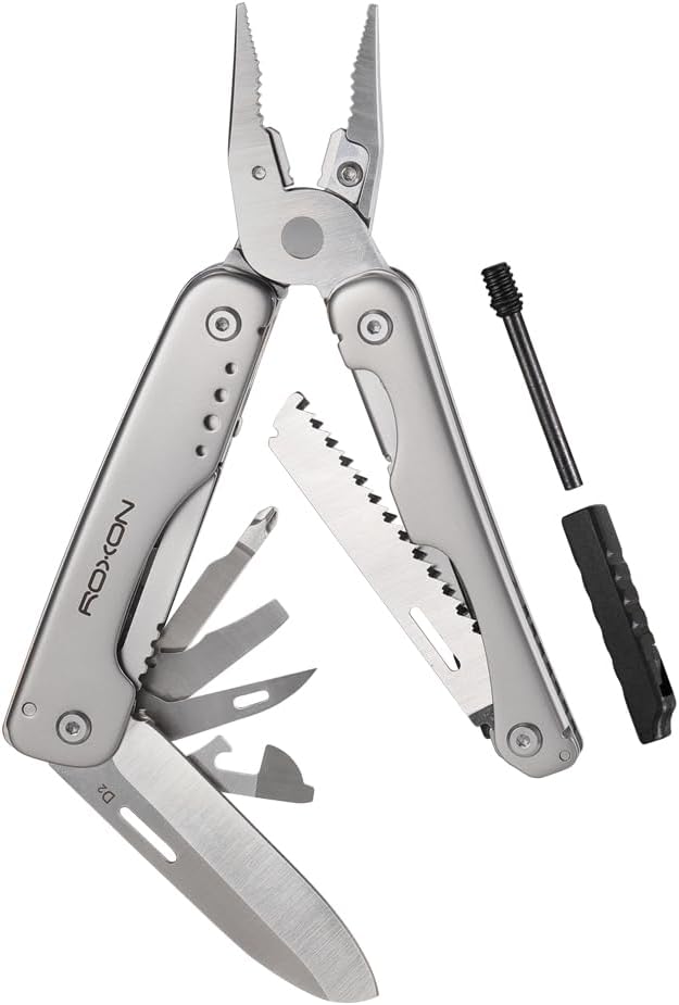 ROXON S803E Elite Flash Multitool with 20 functions including strong pliers, Flint Rod, full-size lockable blades for Outdoor Essential Survival Tool (D2 Blade)