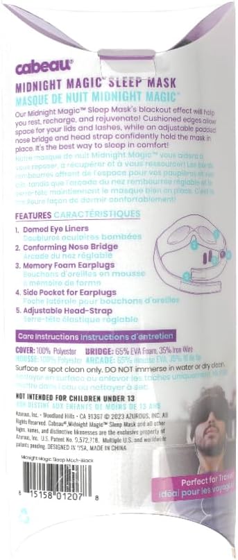 Cabeau Midnight Magic Sleep Mask – Adjust Padded Nose Strip to Block or Blackout Light - for Home and Travel - Soft Plush Fabric – Eye Liners Keep Fabric Away from Eyelids - Memory Foam Earplugs