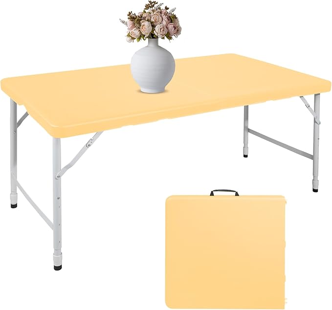 4 FT Folding Table with Carry Handle, Portable Fold-in-Half Plastic Table, Rectangle Foldable Table for Indoor/Outdoor Light Yellow