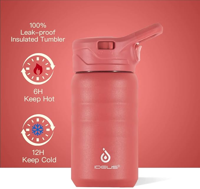 IDEUS Insulated Water Bottle 12oz, Stainless Steel Insulated Water Bottle For School, Insulated Bottles With Straws Leakproof, Vacuum Double Wall Water Bottles For Boys And Girls With 2 Lids, BPA Free