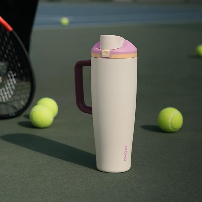 Owala FreeSip Tumbler Insulated Stainless Steel Water Bottle with Built-in Straw and Side Handle, For Travel, Work, School, and Sports, 40oz, BPA Free, Leak Proof, Angel Food Cake