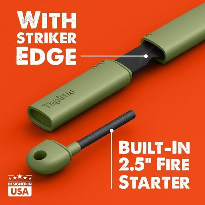 Tapirus Spork Tactical Green | BPA Free Spoon Fork, Stainless Steel Knife and Fire Starter | 3 in 1 multipurpose utensil | Outdoor hiking, camping & backpacking gear | Fit for MRE