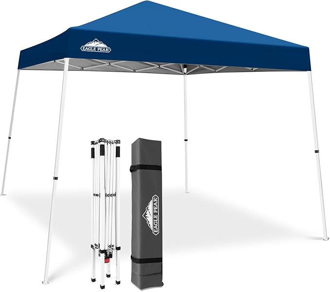EAGLE PEAK 10x10 Slant Leg Pop-up Canopy Tent Easy One Person Setup Instant Outdoor Beach Canopy Folding Portable Sports Shelter 10x10 Base 8x8 Top (Dark Blue)