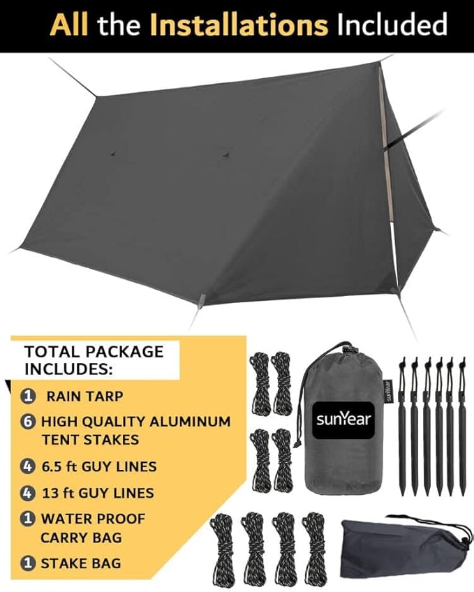 Sunyear Hammock Rain Fly Waterproof - Premium Hammock Tarp with Doors to Stay Warm and Dry in All Seasons | Portable and Lightweight Camp Rain Fly with All Installations Included | 11 Ft / 2lbs