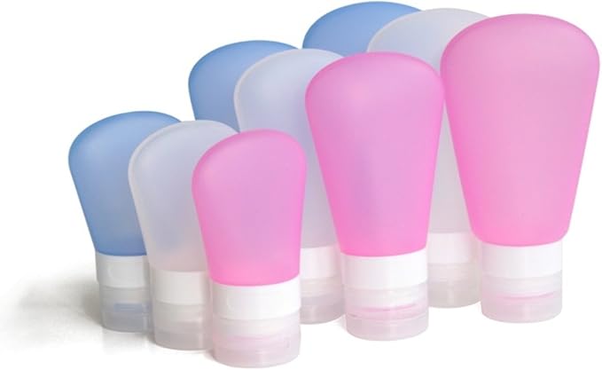 3 Pack Portable Food Grade Squeeze Silicone Liquid Travel Bottles for Shampoo, Conditioner, Lotion, Toiletries, Condiments (1 OZ Pink + White + Blue)