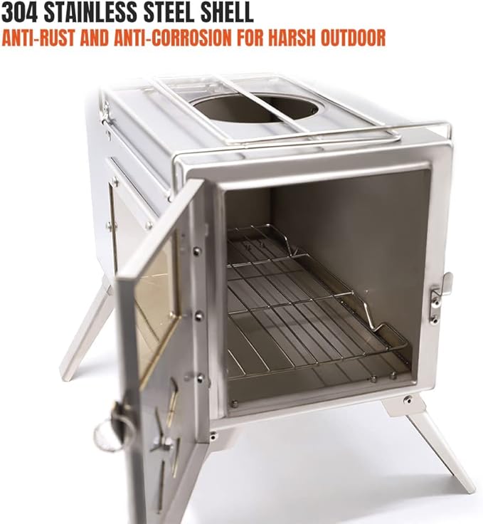 Fitinhot Tent Stove, Portable Camping Wood Burning Stoves Stainless Steel with Chimney Pipes for Outdoor Cookout, Hiking, Travel, Backpacking Trips (Silver)